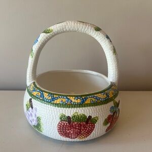 Vintage 1990s Ceramic Mosaic Quilted Fruits Vegetables Basket Bowl Jay Import